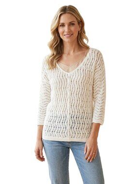 J. Mclaughlin White Sustainable Cotton Open Knit V Neck Sweater Size S